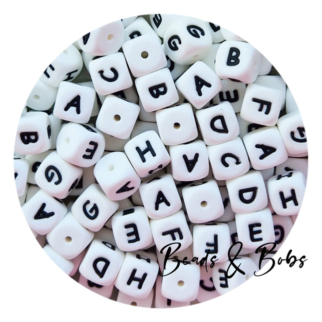 12mm Silicone Alphabet Beads - White