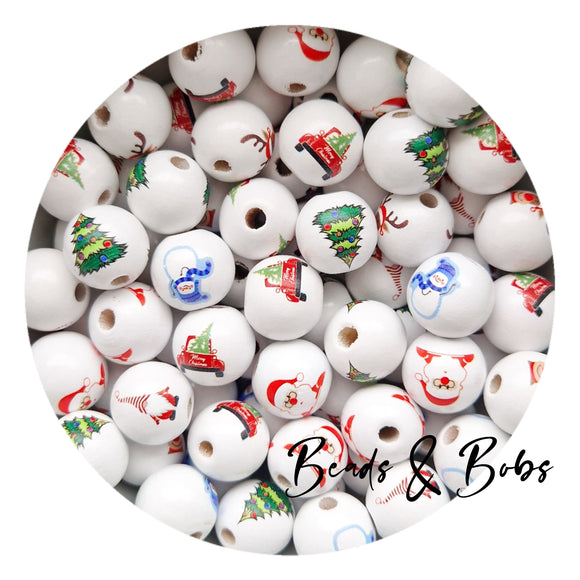 15mm Round Beech Wood Christmas Stamp Beads - 6 Colours